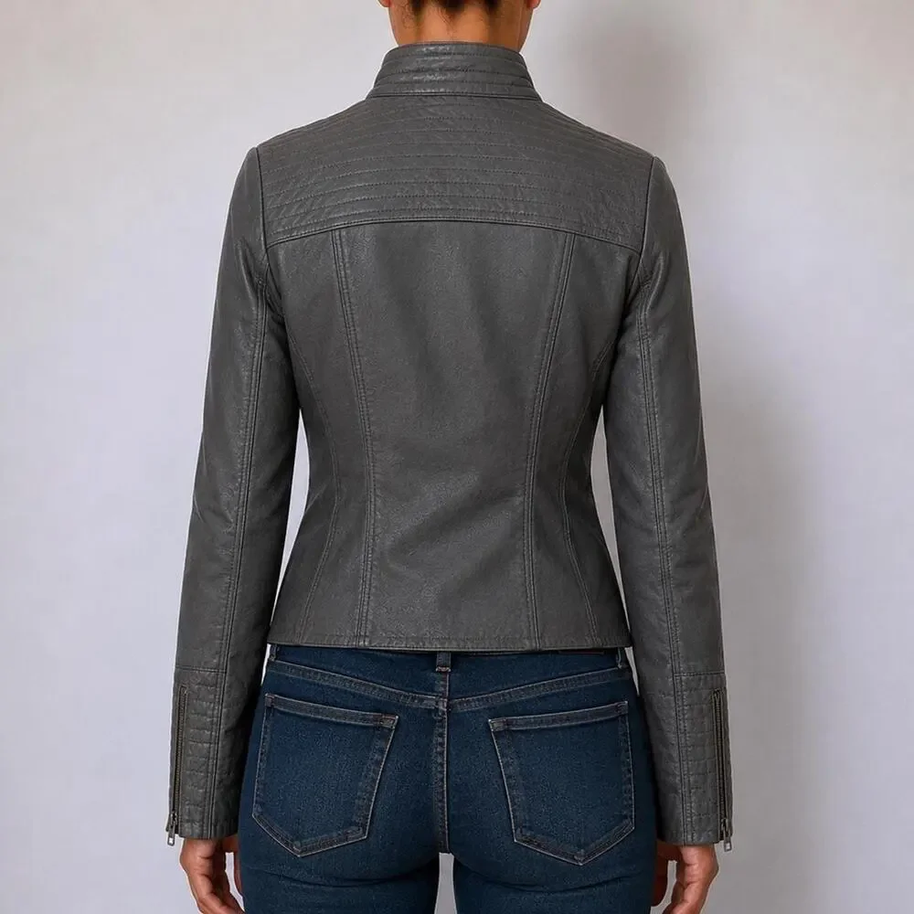 Y2K Ettitwa Anthropologie Charcoal Gray Leather Fitted Moto Jacket Luxe Size XS